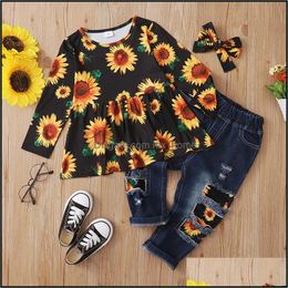 Clothing Sets Kids Girls Flower Floral Outfits Children Sunflower Print Topsandhole Denim Andheadband 3Pcs/S Mxhome Dhckh