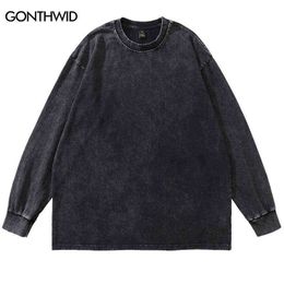 Long Sleeve T-Shirt Streetwear Men Solid Colour Plain Casual Cotton Wash Distressed Tee Shirts Harajuku Fashion Loose Tshirt Tops T220808