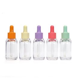 Clear Plastic Bottle 30ml PET Essential Oil Refillable Colorful Collar Lid New Arrival Empty Portable Round Shouder Cosmetic Packaging Essencn Dropper Bottle