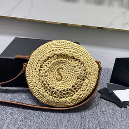 Top Quality Straw Crossbody Bags Shoulder Bag Women Circle Handbag 7A Crochet Hook Circle Pocket Hardware Letters Genuine Leather Adjustable Strap