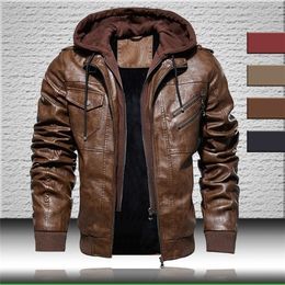 Mens Leather Jacket Motorcycle Bomber Jackets Men Winter Warm PU Leather Coat with Removable Hood Outerwear Jackets Men 201127