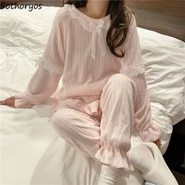 Pyjama Sets Women Flannel Pink Sweet Princess Kawaii Thickening Nightwear Long Sleeve O-neck Winter Fashion Home Lounge Wear Ins L220803