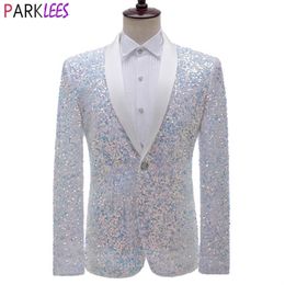 Shiny White Sequin Glitter Tuxedo Blazer Men Shawl Collar One Button Dress Suit Jacket Mens Wedding Party Stage Clothes 220801