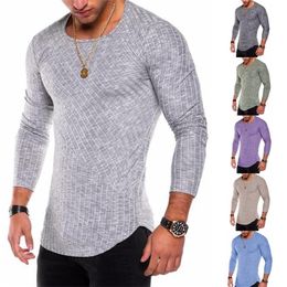 Spring Men Tshirts Plus Size Long Sleeve Striped T Shirt Casual ONeck Solid Tshirt Elastic Fitness Tops 201116