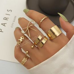 7Pcs/Set Boho Gold Wide Knuckle Ring Set for Women Vintage Geometric Big Bow Knot Star Metal Finger Ring Trend Jewellery Gifts