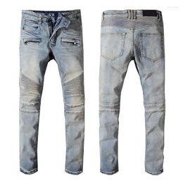 France Style #1051# Mens Embellished Ribbed Stretch Moto Pants Old School Washed Biker Blue Jeans Slim Trousers 29-421
