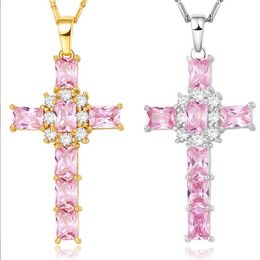 Gold silver woman plating 18K Cross Pendant Necklace Pink white AAA cubic zircon Fashion jewelry
