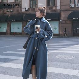 Junelove 가을 겨울 여성 캐주얼 모직 코트 빈티지 암컷 긴 바람개비 사람 Jackets 한국 양모 코트 레이디 오버 코트 아웃웨어 201215