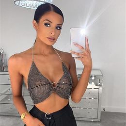 Women's Tanks & Camis Low Cut Halter Sleeveless Glitter Rhinestone Sexy Backless Push Up Clubwear Crop Tops Mesh Grid Hollow Out CamisoleWom
