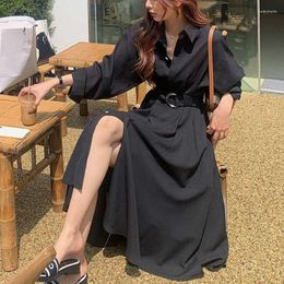 Casual Dresses Elegant Korean Midi Dress Women French Vintage Split Party Skirt Female 2022 Office Lady Sashes Design One-piece Y2kCasual
