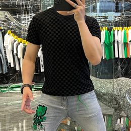 Large Size 2022 Designer See Through Elastic Silk T Shirts For Mens Velvet Luxury Stretch Clothes Sexy Tight Mens Tee Slim Fit