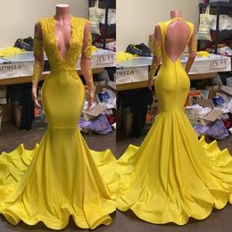 Yellow Prom Dresses 2022 Plunging V Neck Long Sleeves Lace Applique Beaded Ruched Custom Made Evening Party Gowns Formal Occasion Wear Plus Size vestidos C0429