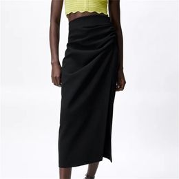 Women Chic Fashion Drape Midi Skirt Vintage High Waist Side Zipper Straight Female Black Skirts Mujer 220401