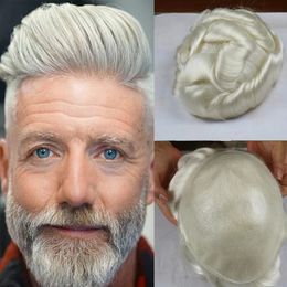 Platinum Blonde Grey Men's Toupee 100% European Human Hair Pieces Thin Skin Full PU 10x8inch Replacement Capillary Prosthesis
