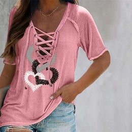 Women Fashion Casual V Neck T shirts Tee Tops Tee-Shirt Lace-up Print Short Sleeve Loose Fit Casual T-shirt 210716
