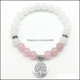 Beaded Strands Bracelets Jewelry Sn1307 Fashion WomenS Bracelet White Jade Beads Rose Quartz With Tree Of Life Charm Best Gift For Her Dro