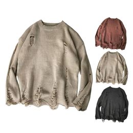 Men Wash Hole Ripped Knit Sweaters Solid Colour Ripped O Neck Oversized Couple Sweater Winter Cool Boy Men's Clothes Streetwear 220812