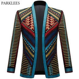 Vintage Colourful Embroidery Suit Jacket Blazer Men Velveteen Jacket Ethnic Style Striped Singer Stage Costume Casual Cardigan 220514