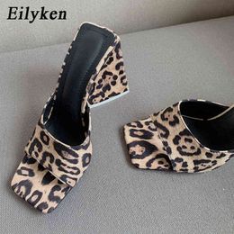 Eilyken New Summer Crystal Triangle Thick Heel Slippers Sexy Leopard Print Woman Square Toes Dress Party Shoes