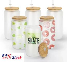 DHL 16 oz Sublimation Glass Beer Mugs with Bamboo Lid Straw Tumblers DIY Blanks Frosted Clear Can Cups Heat Transfer Cocktail Iced Coffee Whiskey Glasses sxjul5
