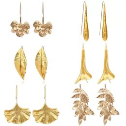 Retro Golden Metal Leaf Stud Earrings Geometric Irregular Plant Earring for Women Girls Party Travel Jewellery