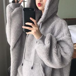 Women's Hoodies Sweatshirts Winter Plus Velvet Korean Version Of Bear Ears Cute Loose Ladies Hoodie Imitation Lamb Plush Sweet Cartoon Women Sweatshirt Q220824