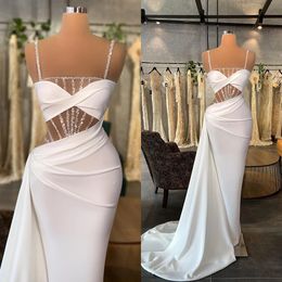 Sexy White Mermaid Prom Dresses 2023 Spaghetti Neck Beading Illusion Satin Women Gowns Sweep Train Formal Evening Dress