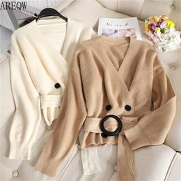 Autumn Women's Clothes Slim Cardigan Korean of Long-sleeved Waist-tied Sweater V-collar B942 201225