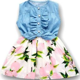 Girl's Dresses Girls Dress 2022 Children's Clothing Summer Cotton Sand Wash Denim Stitching Cartoon Pattern Girl 3-7Y DressGirl's