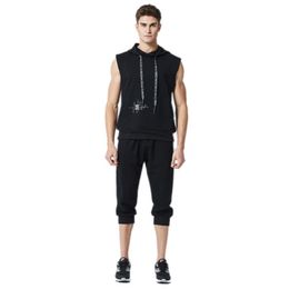 Men's Tracksuits Spring Summer Men Sweatshirt Set Sleeveless Hoodie Hooed Tank Top T-shirt Calf Length Pants Solid Sporty Parkour SetMen's