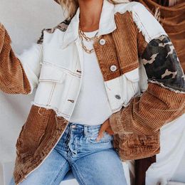 Women's Jackets Turn-dowm Lapel Vintage Camouflage Corduroy Stitching Jacket Patchwork Denim Cowgirl Women Metal Single Breasted CoatsWomen'