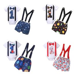 Clothing Sets Baby Boy Clothes One Year Birthday Costume Boys Gentleman Tie Romper Straps Shorts Child Wedding Suit ClothesClothing Clothing