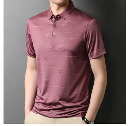Mulberry Silk Striped Men's Polo Shirts Luxury Short Sleeve Business Casual Jacquard Male T-shirts Simple Golf Man Tees