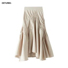 Women's Elegant Pleated Midi Skirt Ladies Casual High Waist Solid Color Asymmetrical Black A-line Skirts Spring Saias SK505 220322