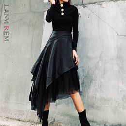 LANMREM Spring Autumn PU Leather Skirt In The Long Section Of High Waist A-line Irregular Mesh 19B-a444 220317