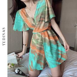 Yedinas Tie Dye Summer V Neck Jumpsuit Shorts Women Traf Beach Style Playsuit Chiffon Bodysuit Print Female Sexy Rompers Boho 210527