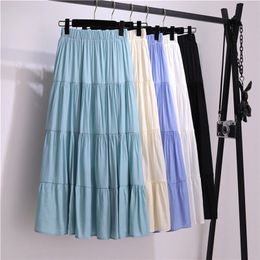 2020 Summer Cotton Skirt Women High Waisted Long Skirt femme Casual Solid A line Skirts Women Jupe Femme Green skirts LJ201029