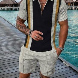 European And American Mens Summer Polo Shirt Suit Street Fashion Zipper ShortSleeved TShirt Shorts TwoPiece Set 220616