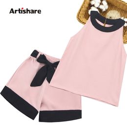 Kids Summer Clothes Girls Patchwork Set Vest + Short 2PCS Outfits For Casual Style Big Bow Clothing 220507