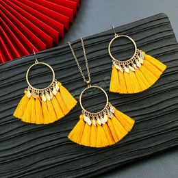 Fashion Jewelry Set for Women Trend Golden Circle White Tassel Pendant Necklace Earrings Sweater Chain Bohemia Summer Jewelry
