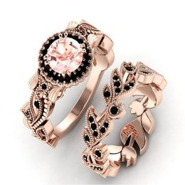 Wedding Rings Exquisite Luxury Rose Gold Flower Leaf Set With Pink Zircon Ring Fashion Exaggerated Hollow Out Black Couple SetWedding Weddin