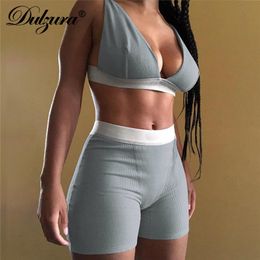 Dulzura Ribbed Patchwork Women Two Piece Set Bra Crop Top Biker Shorts Suits Bodycon Sexy Streetwear Matching Sporty Tracksuit W220418