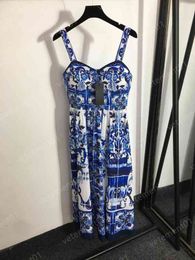 Women Sexy Designer Blue and White Porcelain Print Temperament Tube Top Suspender Dresses High Quality Dress for Woman