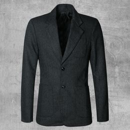 Men's Suits & Blazers Men Autumn And Winter Dark Blue Texture Woollen Suit Blazer Casual England Style Slim Gentlemen Business