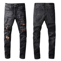 Men's Jeans High Street Fashion Tide Brand Black Ripped Men's Personality Leopard Print Patch Stretch Slim Denim Pants 811Men's