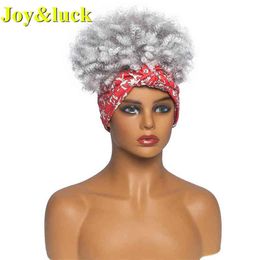 monofilament wigs UK - Joy and Happiness Fluffy Headband Wig Synthetic Tulle Band Hair Wigs For African Women Kinky Culry Head Wig Ombre Grey J220606