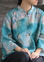Women's Blouses & Shirts Chinese Vintage Maid Character Print Stand Collar Beads Button Linen Shirt, Summer Cool Loose Lady Green Pattern Bl