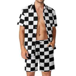 Men's Tracksuits Black White Plaid Men Sets Checkerboard Print Hawaiian Casual Shirt Set Short Sleeve Shorts Summer Beach Oversize Suit Plus