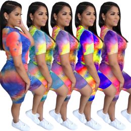 Summer Tie Dye Tracksuits for Women Print Two Piece Shorts Set Print Short Sleeve O Neck Top and Shorts Outfits 2 Pcs Track Suits Female Woman Sports Wears