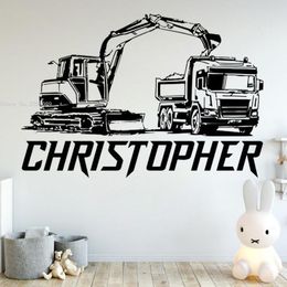 Wall Stickers Excavators And Transport Vehicles Custom Name Home Art Boys Room Decor Removable Decals YT6094